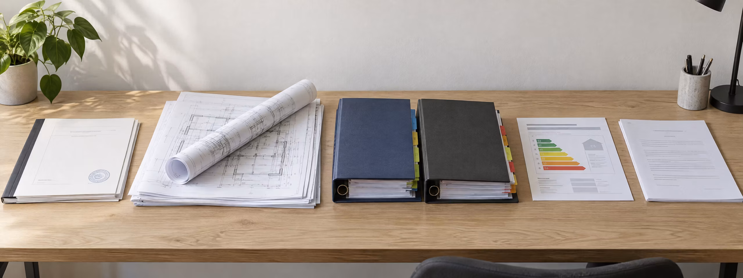 Auf einem hellen Schreibtisch liegen nebeneinander eine Mappe mit der Baugenehmigung, gefaltete und gerollte Pläne, zwei Ordner mit Wartungs- und Prüfberichten, ein Energieausweis und ein Mietvertrag.