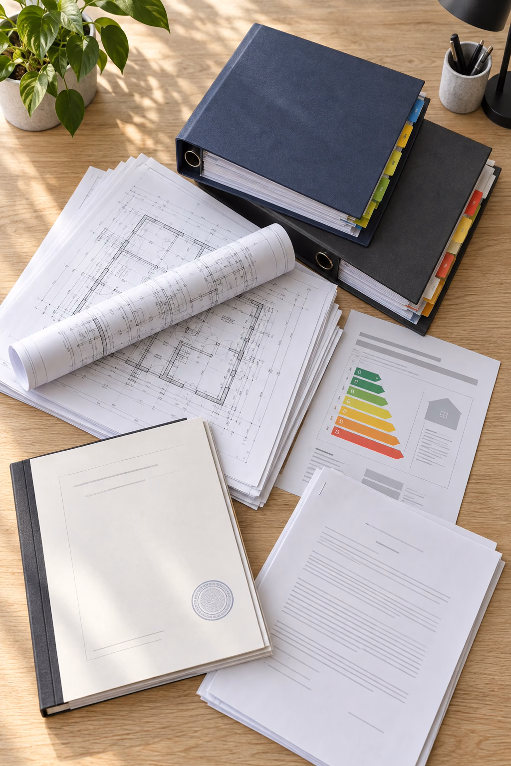 Auf einem hellen Schreibtisch liegen eine Mappe mit der Baugenehmigung, Pläne, zwei Ordner mit Wartungs- und Prüfberichten, ein Energieausweis und ein Mietvertrag.