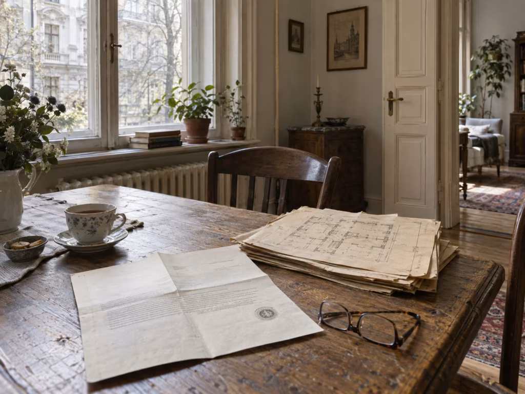 Alter Holztisch am Fenster einer Gründerzeitvilla mit einem amtlichen Schreiben, einem Stapel alter Grundrisse, einer Teetasse und einer Lesebrille.