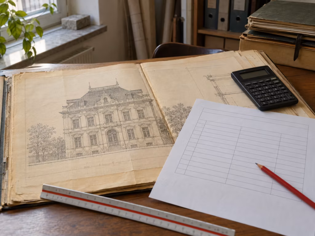 Aufgeschlagene Bauakte mit einer alten Fassadenzeichnung einer Villa, darauf ein Blatt mit einer Tabelle, daneben Taschenrechner, Rotstift und Maßstab.