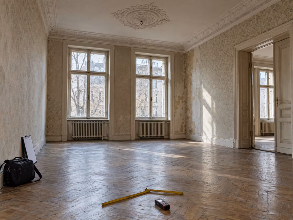 Leerer hoher Raum einer alten Villa mit abgenutztem Fischgrätparkett, Stuckrosette und hohen Holzfenstern; am Boden Zollstock, Laser-Entfernungsmesser und eine Kameratasche.