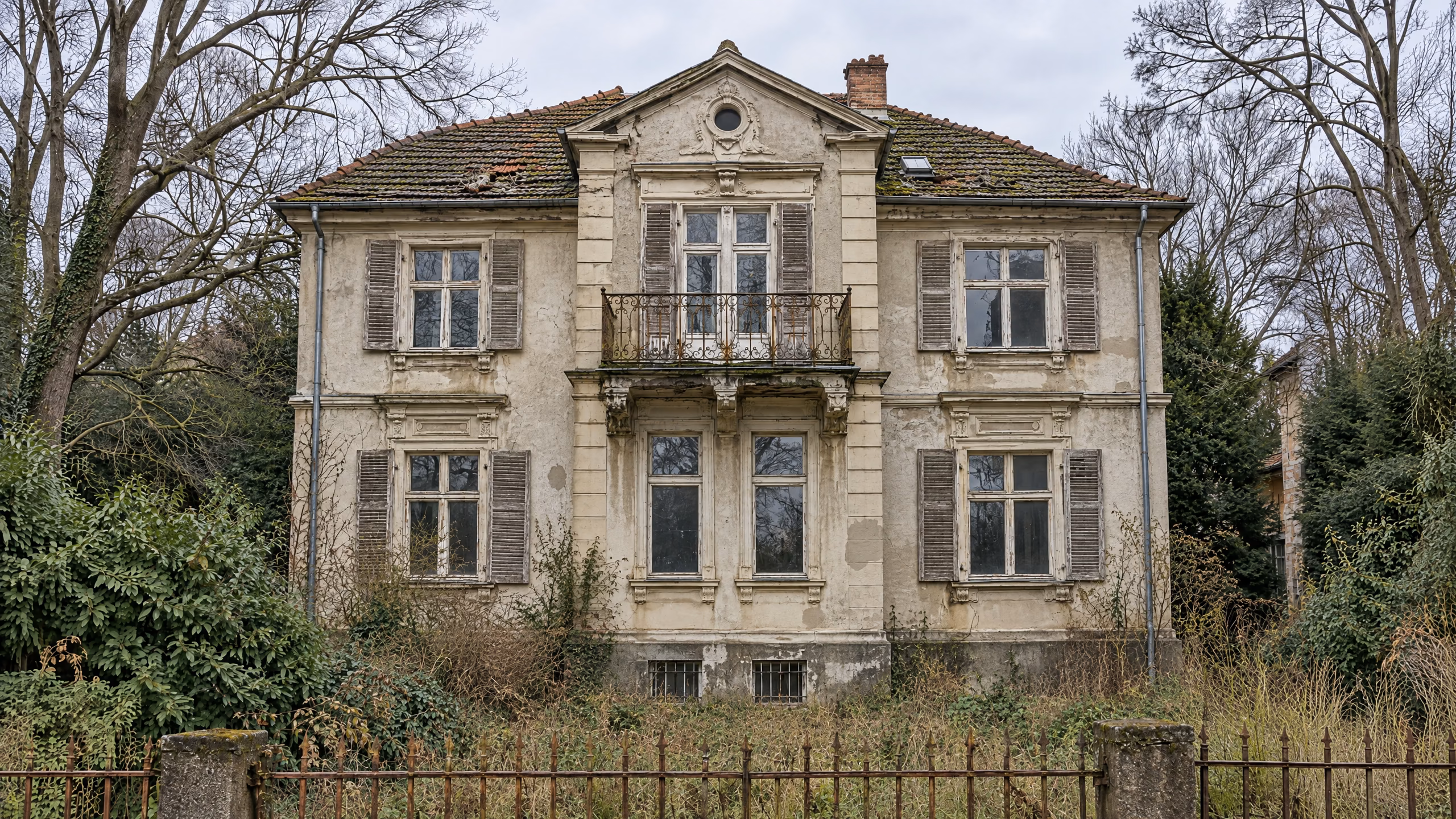 Leer stehende Gründerzeitvilla in Berlin von vorn: unten der feuchte Sockel mit vergitterten Kellerfenstern, darüber gealterter, geschlossener Putz, alte Holzfenster mit Klappläden und ein Balkon mit Eisengitter, oben das bemooste Ziegeldach mit einzelnen verschobenen Ziegeln und einem Schornstein; davor ein verwilderter Garten.