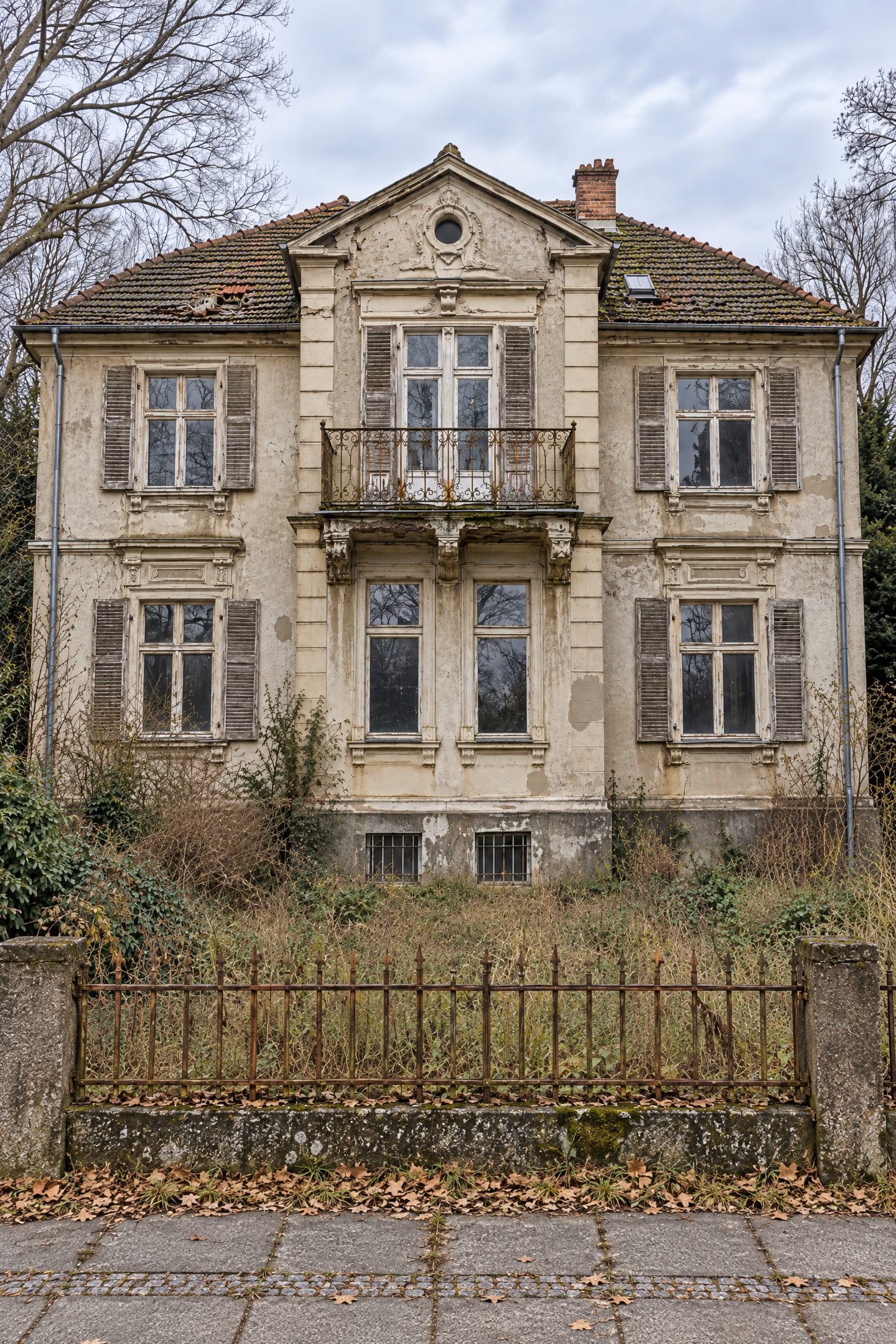 Leer stehende Gründerzeitvilla in Berlin von vorn: unten der feuchte Sockel mit vergitterten Kellerfenstern, darüber gealterter, geschlossener Putz, alte Holzfenster mit Klappläden und ein Balkon mit Eisengitter, oben das bemooste Ziegeldach mit Schornstein; davor Zaun und Gehweg.