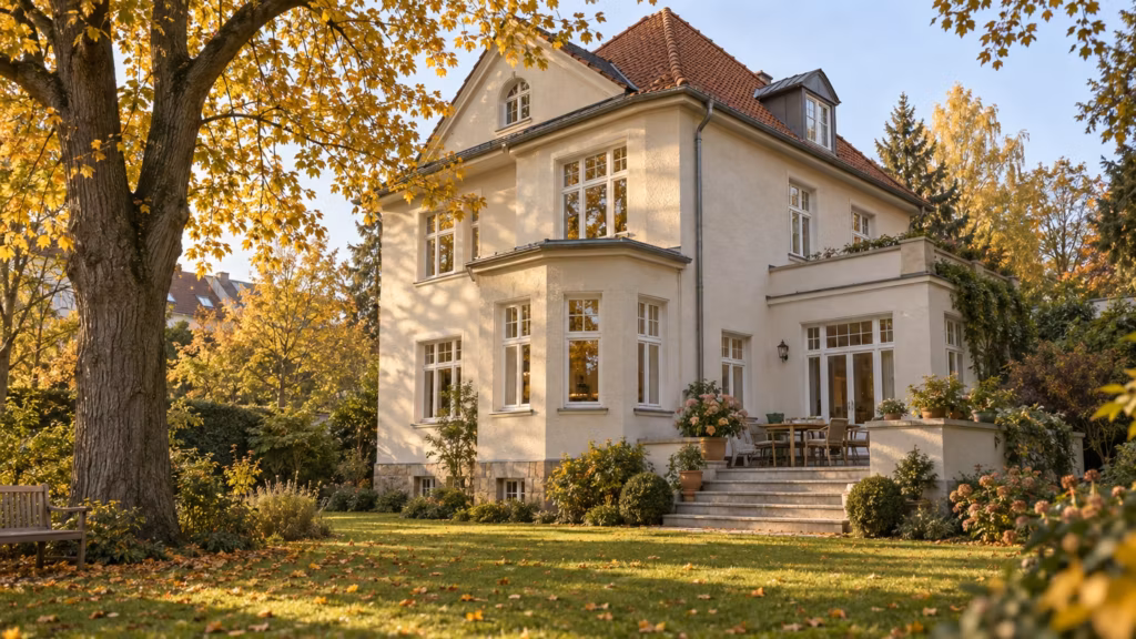 Gepflegte helle Villa von etwa 1910 mit Terrasse und Gartentreppe, davor ein Rasen mit einem großen alten Baum im goldenen Herbstlicht.