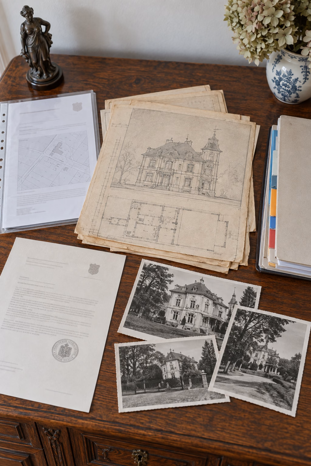 Auf einem alten Holzsideboard liegen ein Grundbuchauszug, alte Grundrisse mit Fassadenzeichnung, ein Schreiben der Denkmalbehörde mit Siegel, alte Fotos der Villa und ein Ordner mit Angeboten.