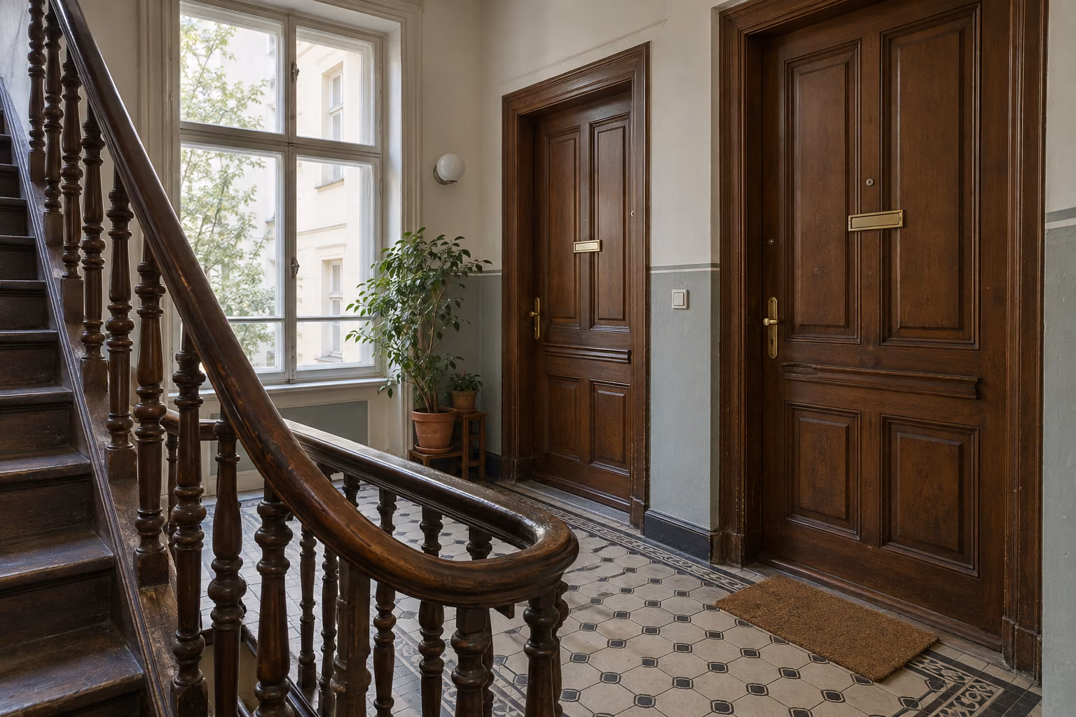 Treppenhaus in einem Berliner Altbau mit gedrechseltem Holzgeländer, Fliesenboden und zwei hölzernen Wohnungstüren.
