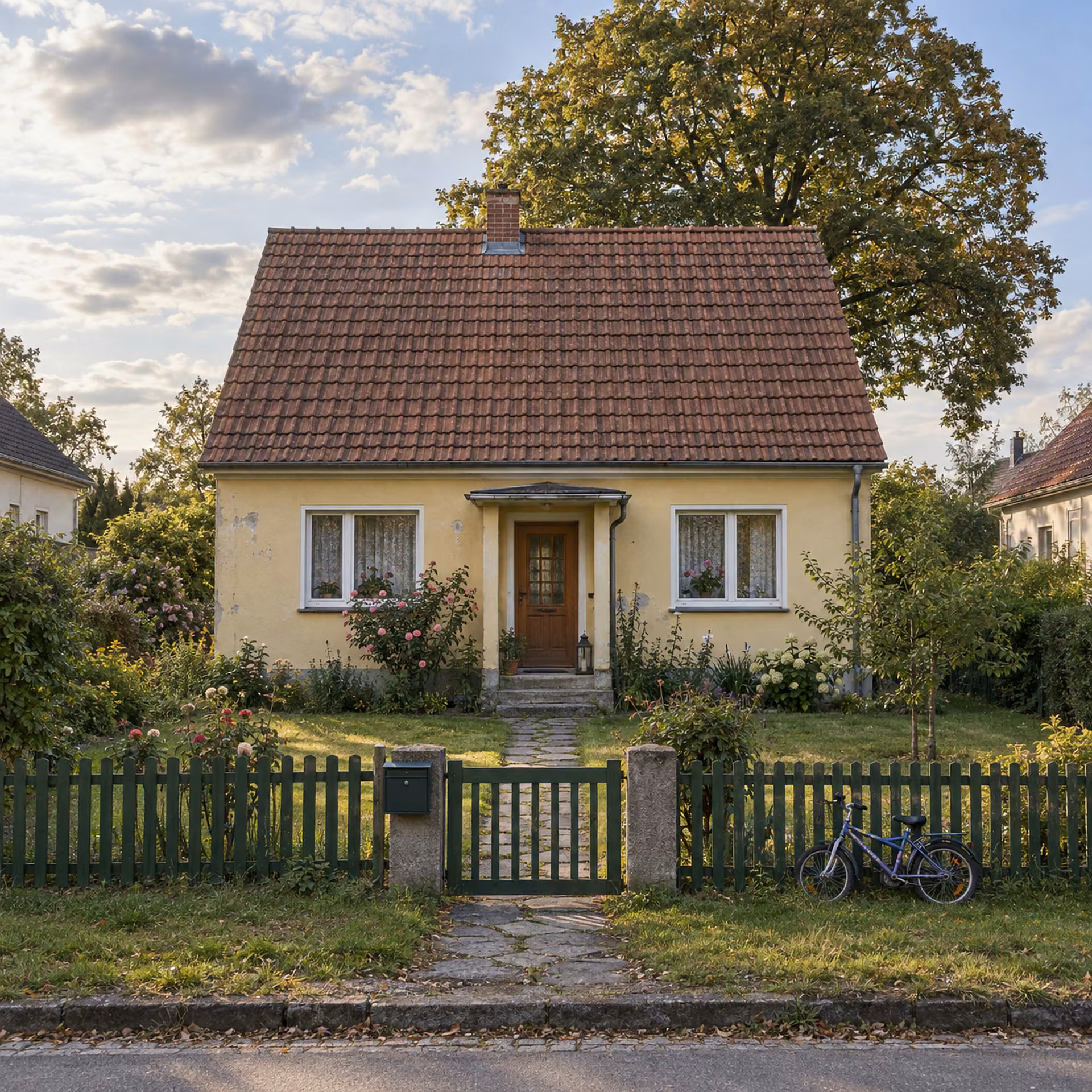 Illustratives Motiv: ein schlichtes gelbes Einfamilienhaus mit Garten, Gartenzaun, Briefkasten und Fahrrad unter einer großen Baumkrone.